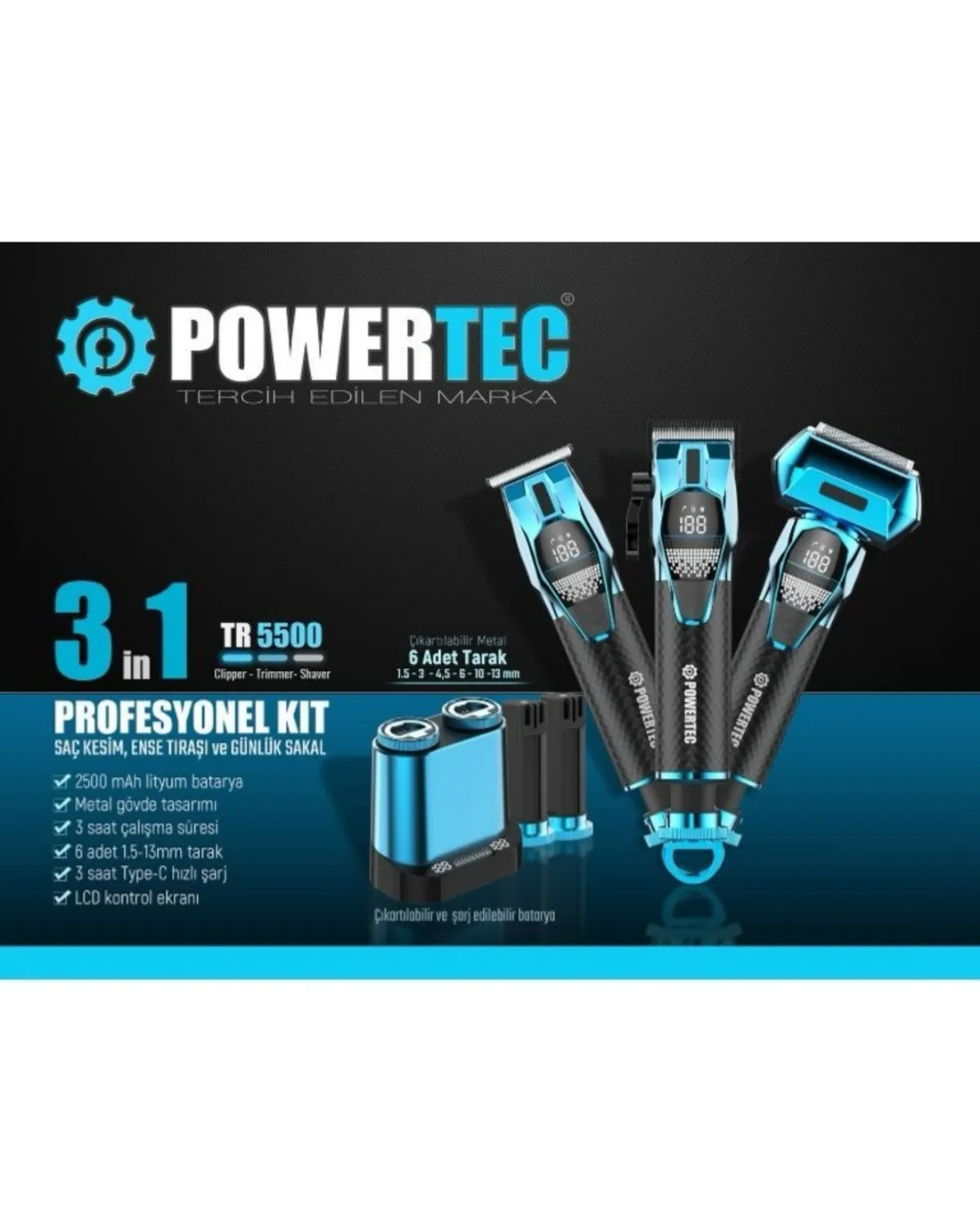 Powertec TR-5500 3in1 Profesyonel Bakım Kiti Saç Sakal Ense Vücut Günlük Tıraş Makinesi Seti