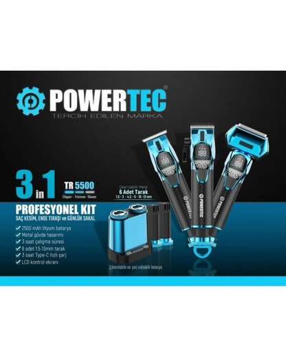 Powertec TR-5500 3in1 Profesyonel Bakım Kiti Saç Sakal Ense Vücut Günlük Tıraş Makinesi Seti