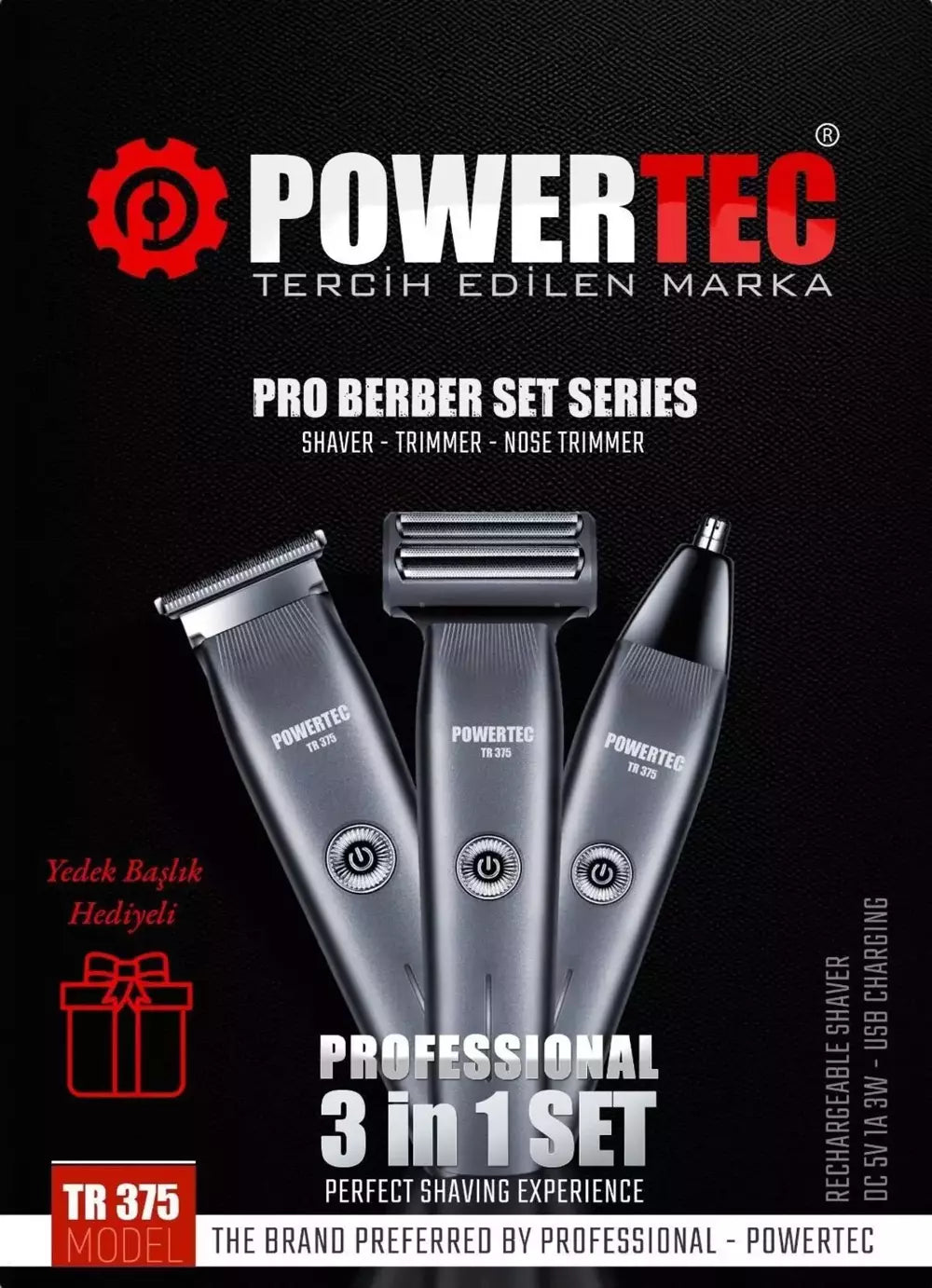 Powertec TR-375 (3in1) Günlük Erkek Tıraş Bakım Seti 3 Başlıklı